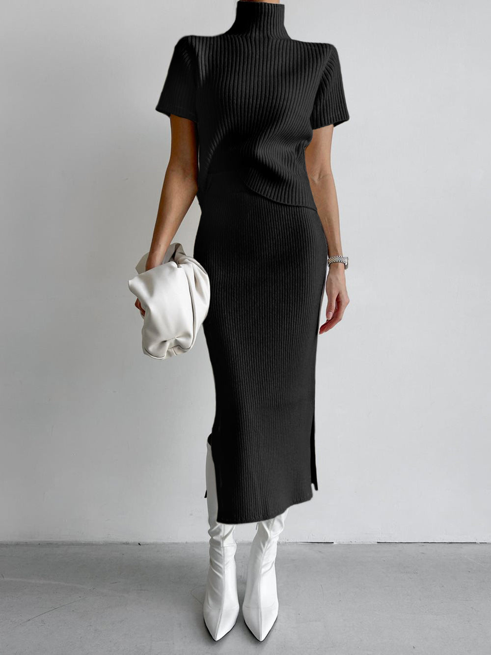Solid High Neck Split Ribbed Classic Knit Two Pieces Skirt Set Black / XS Sweaters L