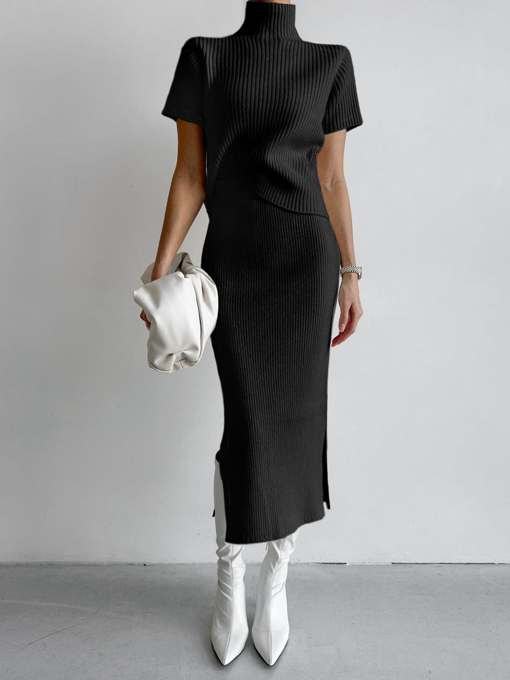Solid High Neck Split Ribbed Classic Knit Two Pieces Skirt Set Black / XS Sweaters L
