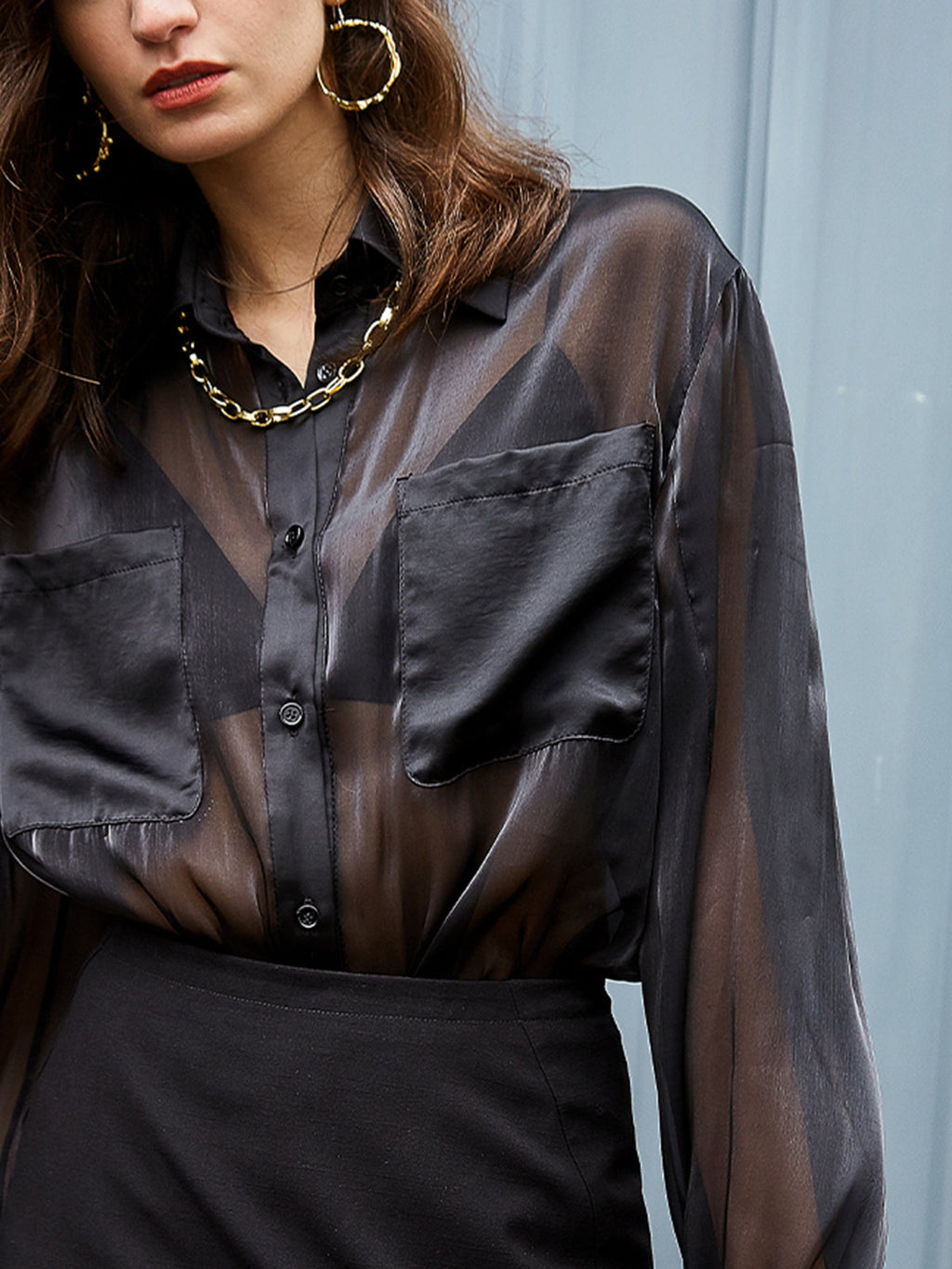 See Through Pocket Trendy Long Sleeve Collar Shirt Shirts