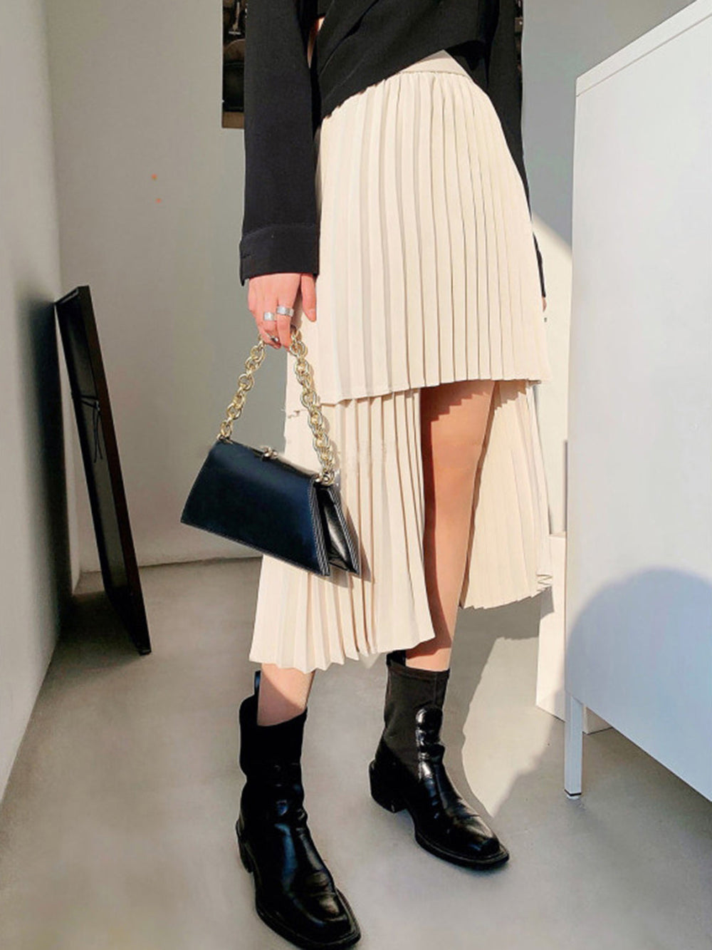 Asymmetrical Pleated Graceful Layered Midi Skirt Off White / XS Skirts