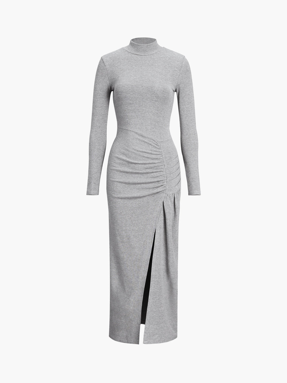 Slit Pleated Long Sleeve Modern Bodycon Mock Neck Long Dress Light Grey / XS Dresses