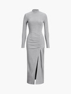 Slit Pleated Long Sleeve Modern Bodycon Mock Neck Long Dress Light Grey / XS Dresses