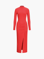 Slit Pleated Long Sleeve Modern Bodycon Mock Neck Long Dress Red / XS Dresses
