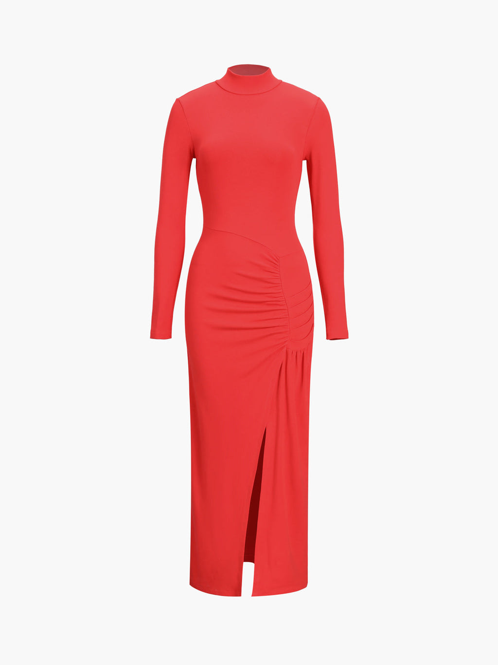 Slit Pleated Long Sleeve Modern Bodycon Mock Neck Long Dress Red / XS Dresses