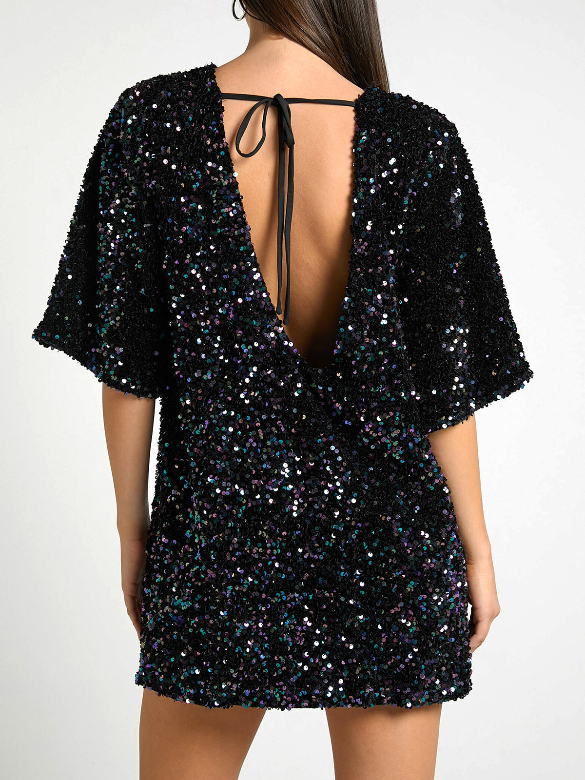 Sequin Deep V Trendy Back Tie Short Dress Black / S Dresses Main image
