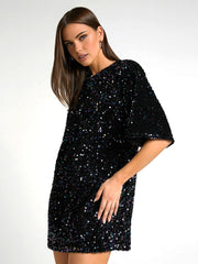 Sequin Deep V Trendy Back Tie Short Dress Dresses