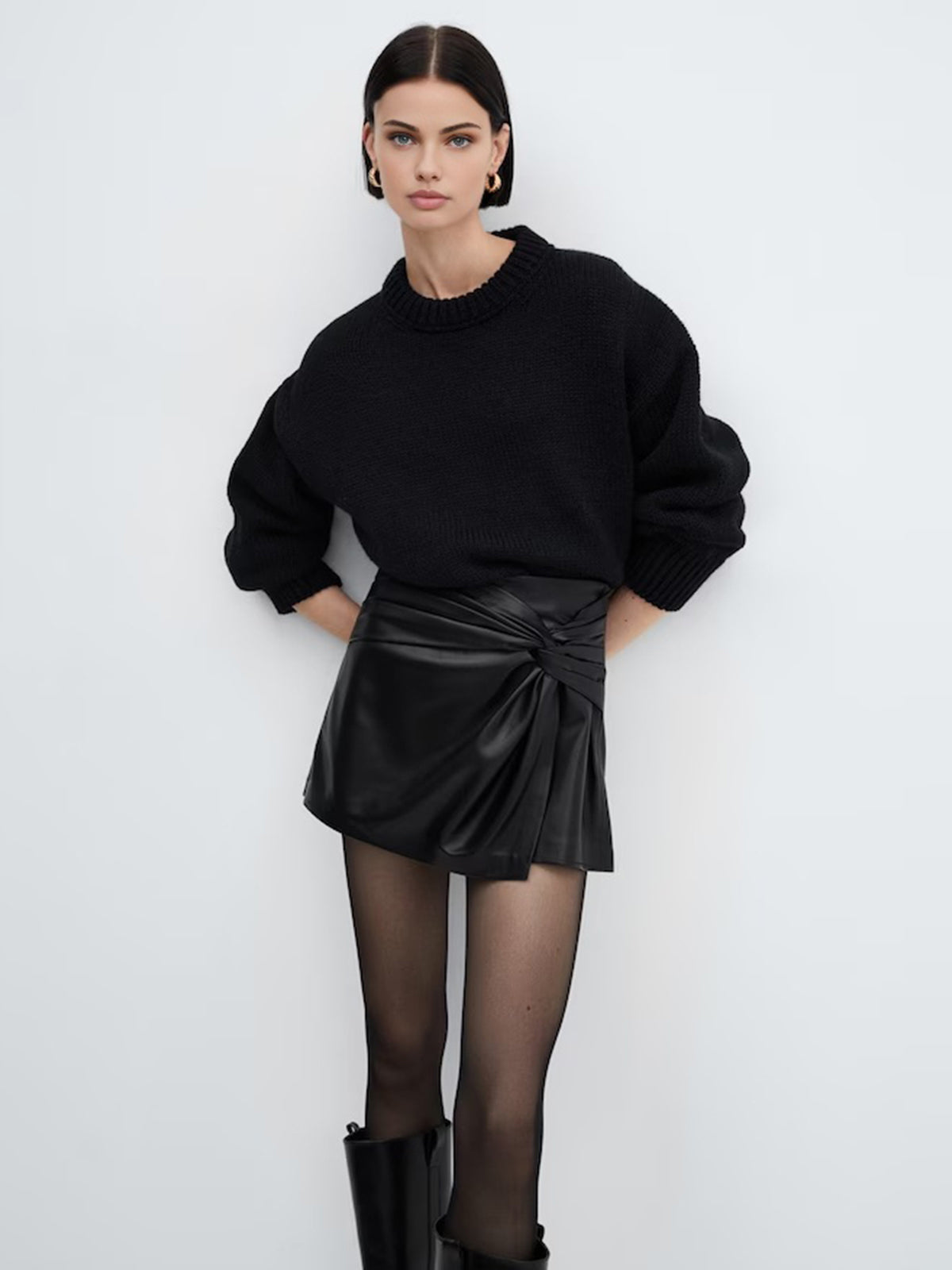 Asymmetrical Pleated Twisted Trendy Faux Leather Mini Skirt Skirts