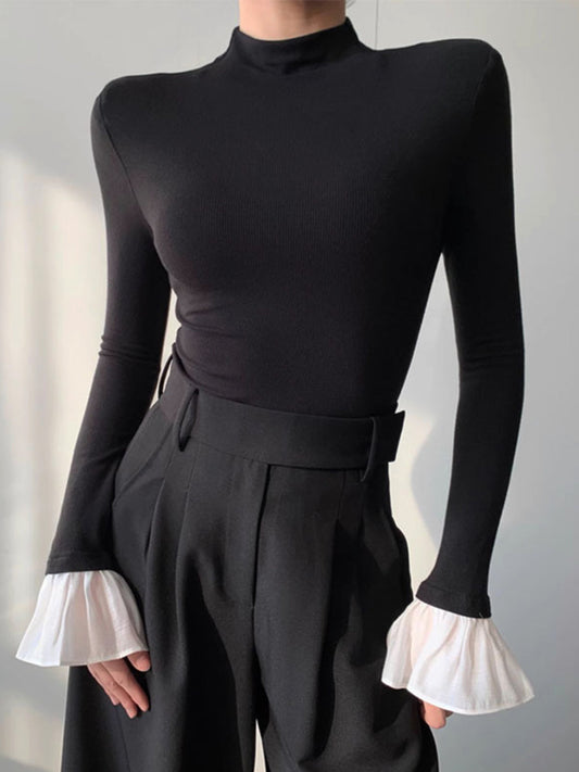 Mock Neck Ruffled Trendy Cuff Slinky Top