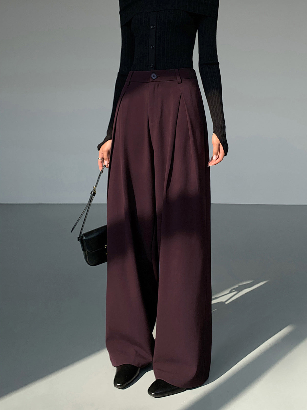 Casual Pleated Graceful Wide Leg Pants Burgundy / XS Pants