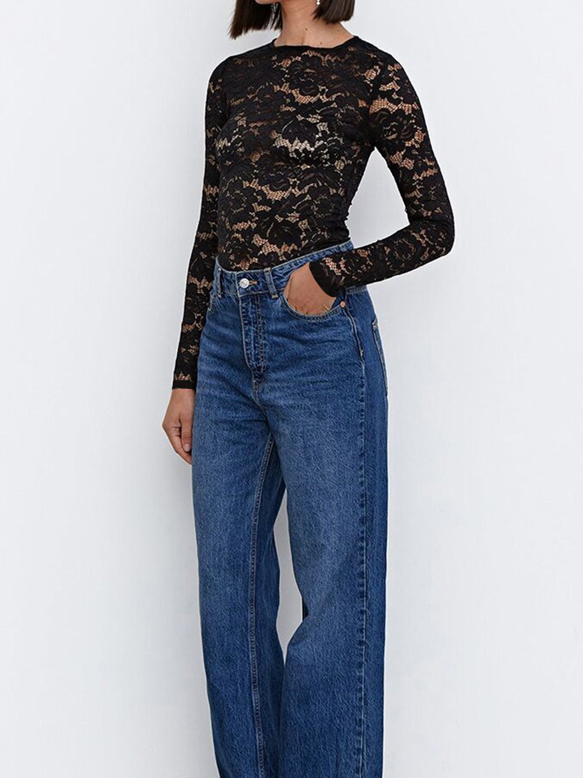 Semi-sheer Floral Lace Trendy Long Sleeve Top