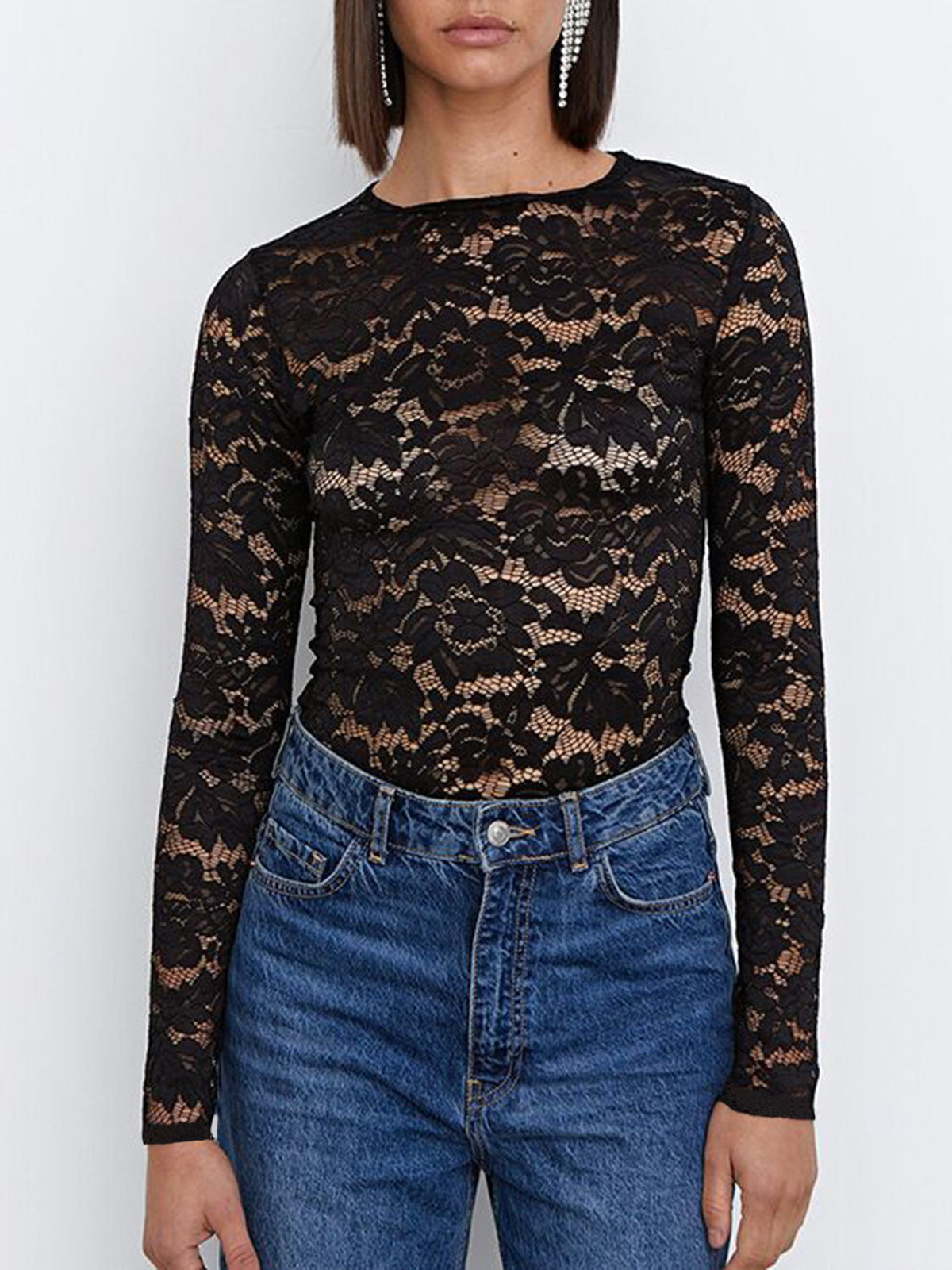 Semi-sheer Floral Lace Trendy Long Sleeve Top