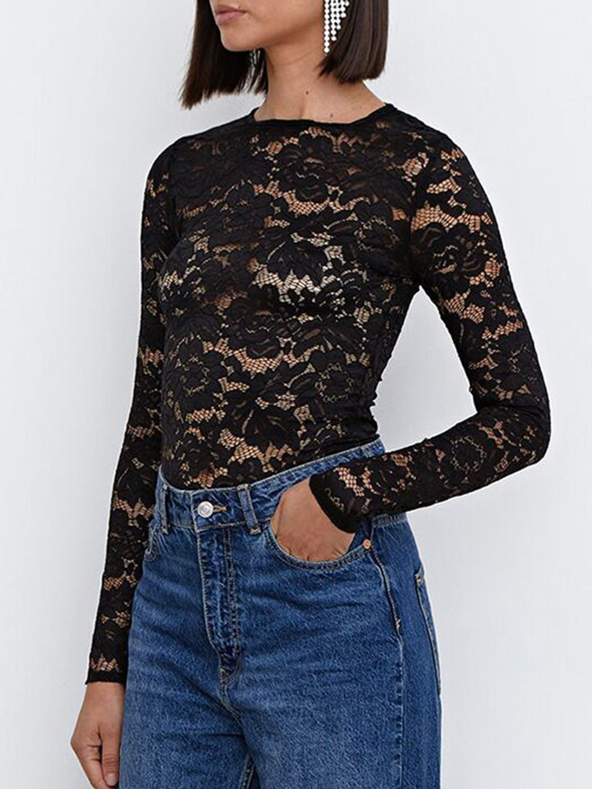 Semi-sheer Floral Lace Trendy Long Sleeve Top