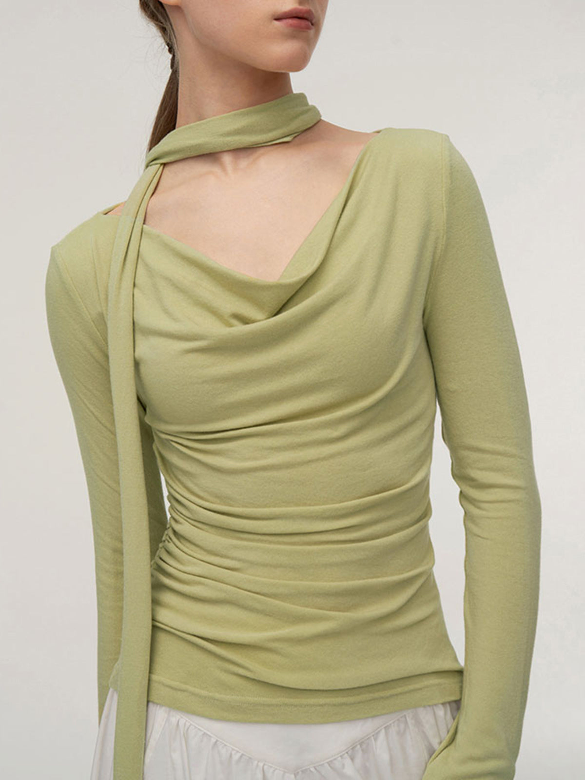 Solid Side Pleated Trendy Cowl Neck Shirt