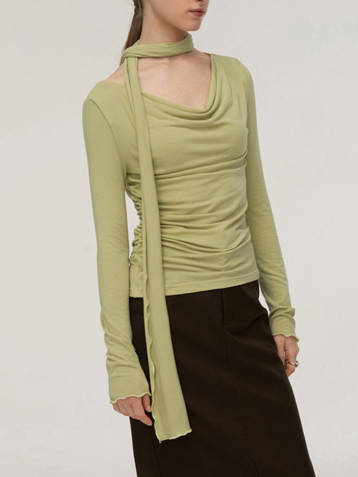 Solid Side Pleated Trendy Cowl Neck Shirt