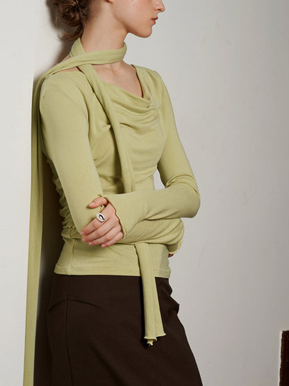 Solid Side Pleated Trendy Cowl Neck Shirt