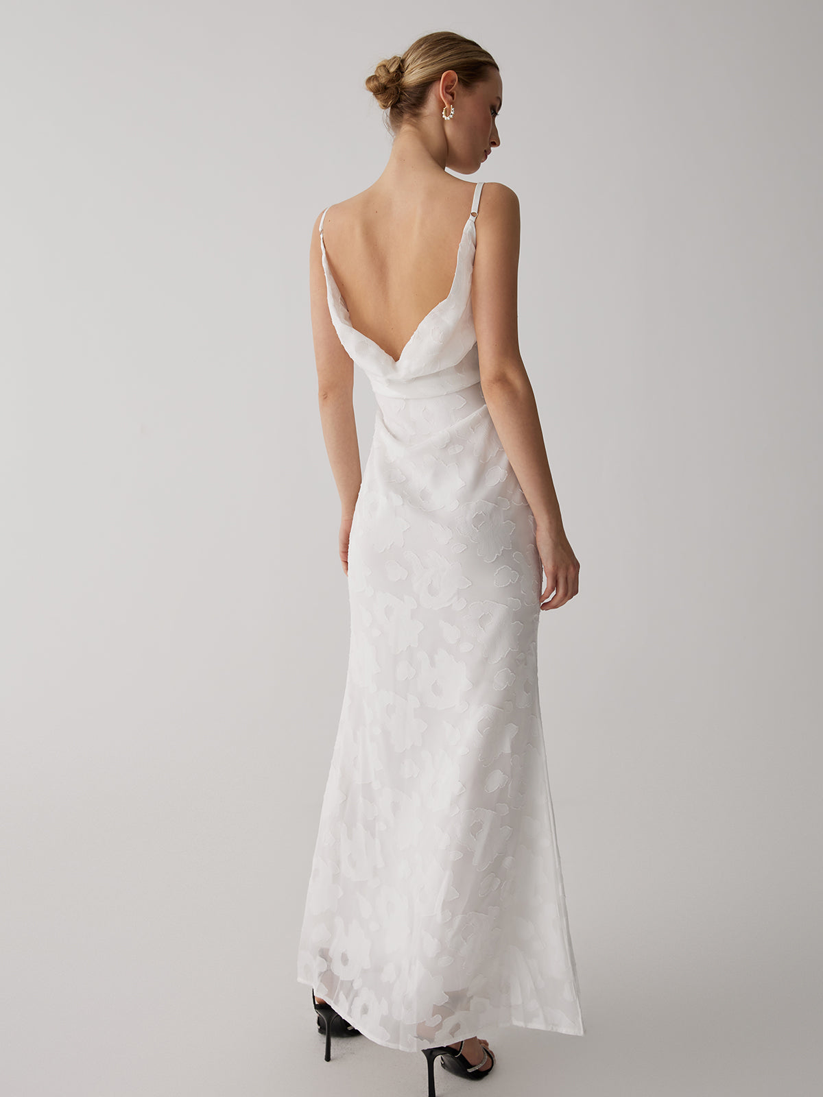 Floral Jacquard Open Trendy Back Long Dress White / XS Dresses