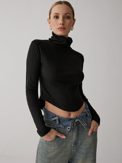 Solid High Collar Trendy Long sleeve Top