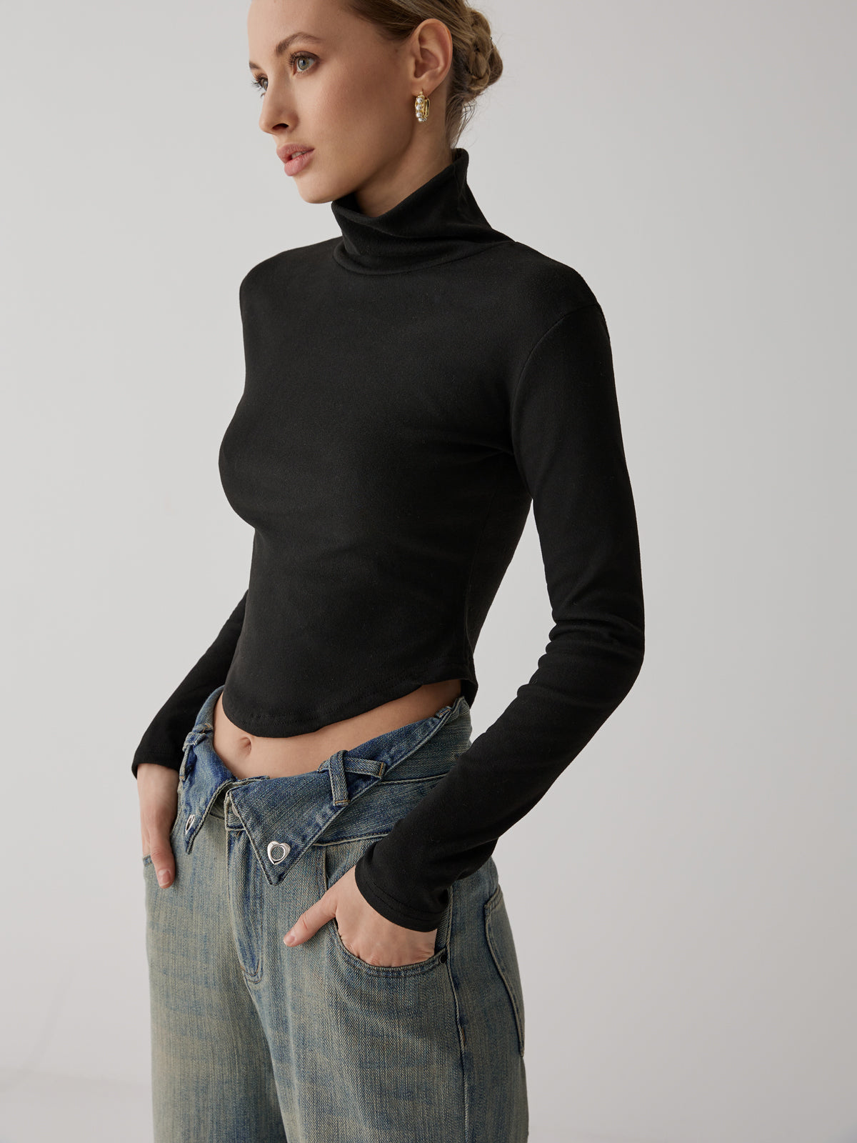 Solid High Collar Trendy Long sleeve Top