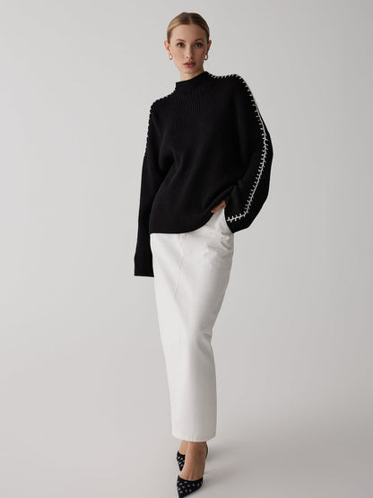 Mock Neck Graceful Contrast Knit Sweater