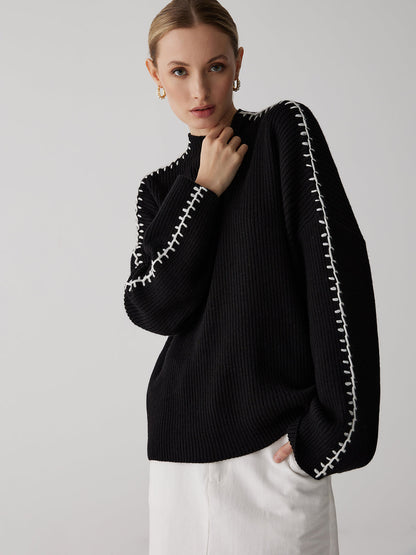 Mock Neck Graceful Contrast Knit Sweater