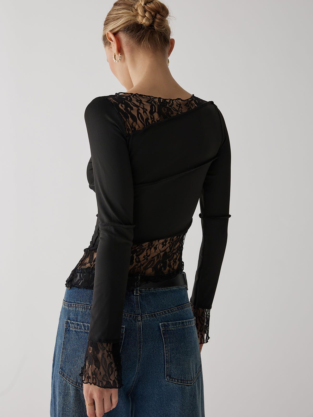 Solid Patchwork Lace Trendy Long Sleeve Top