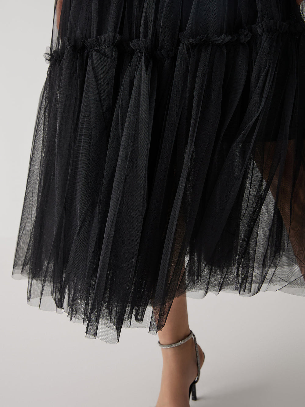 Solid Mesh Graceful Midi Skirt Skirts