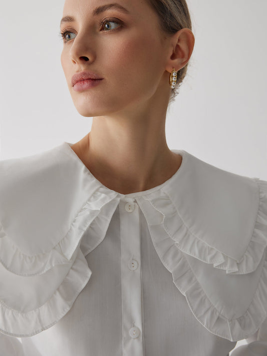 Oversized Lace Collar Trendy Button Ruffle Shirt