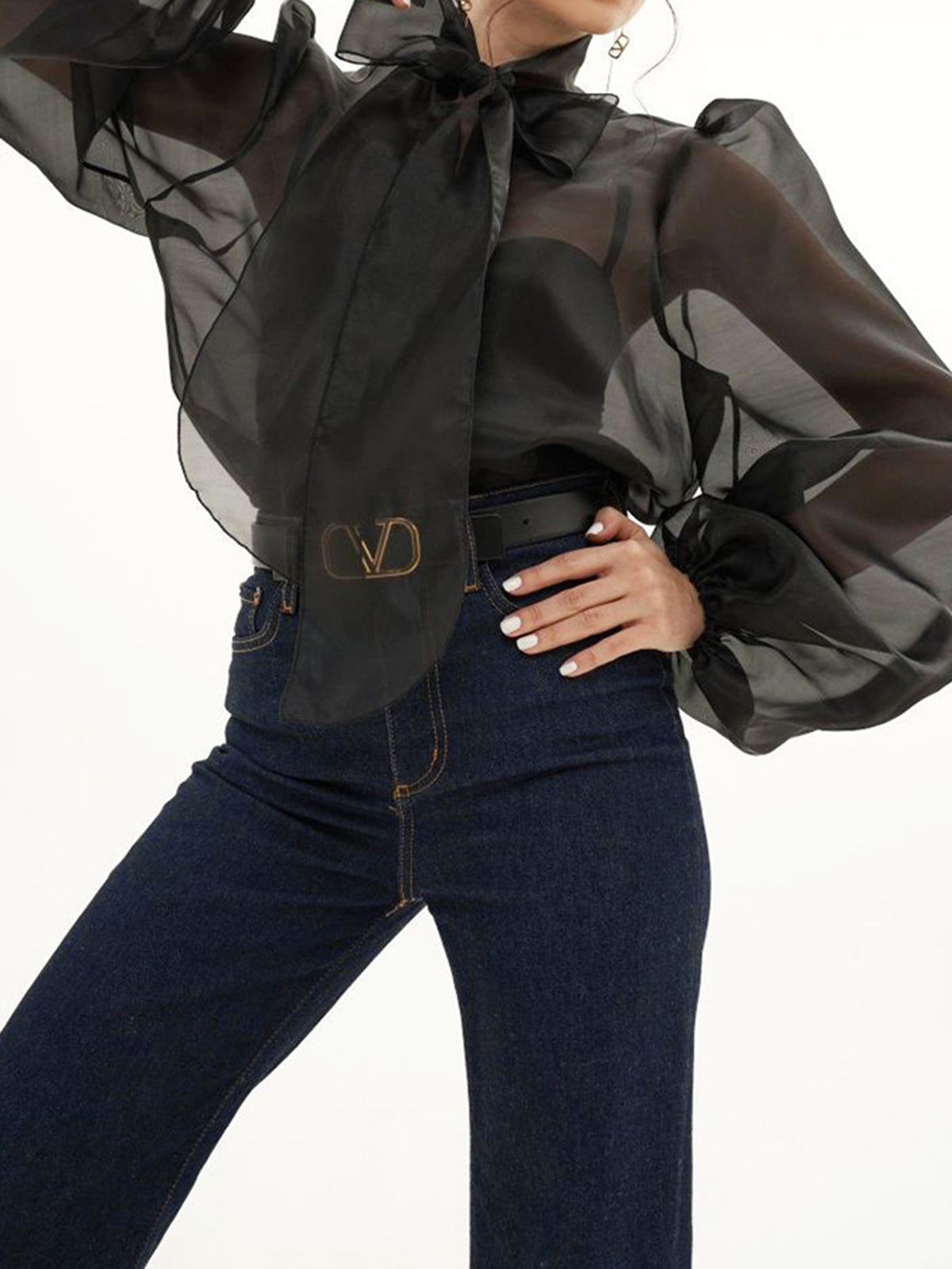Tie Neck Graceful Sheer Net Shirt Black / S Shirts Main image