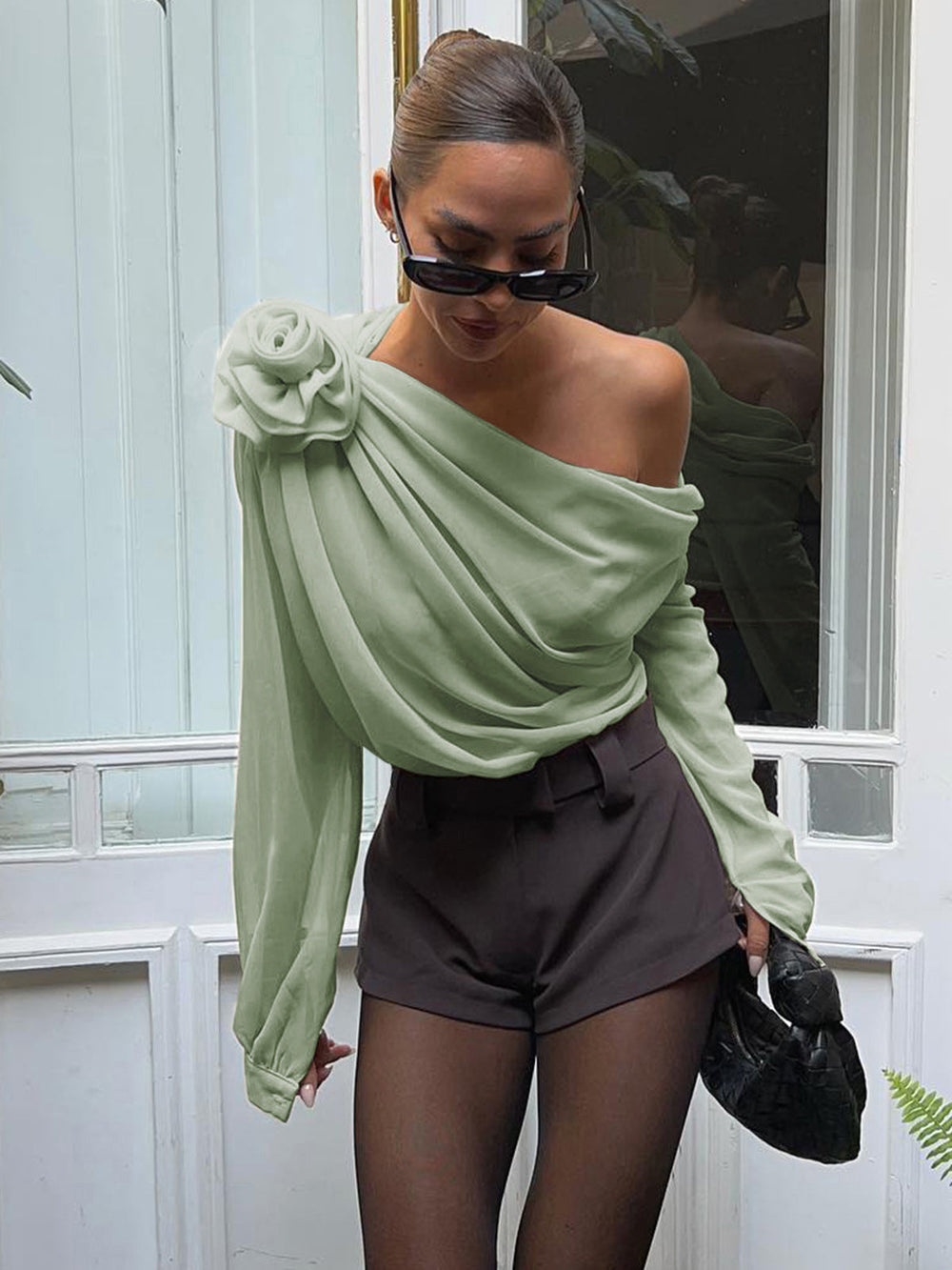 Chiffon Semi sheer One Trendy Shoulder Asymmetrical Top LightGreen / XS Shirts