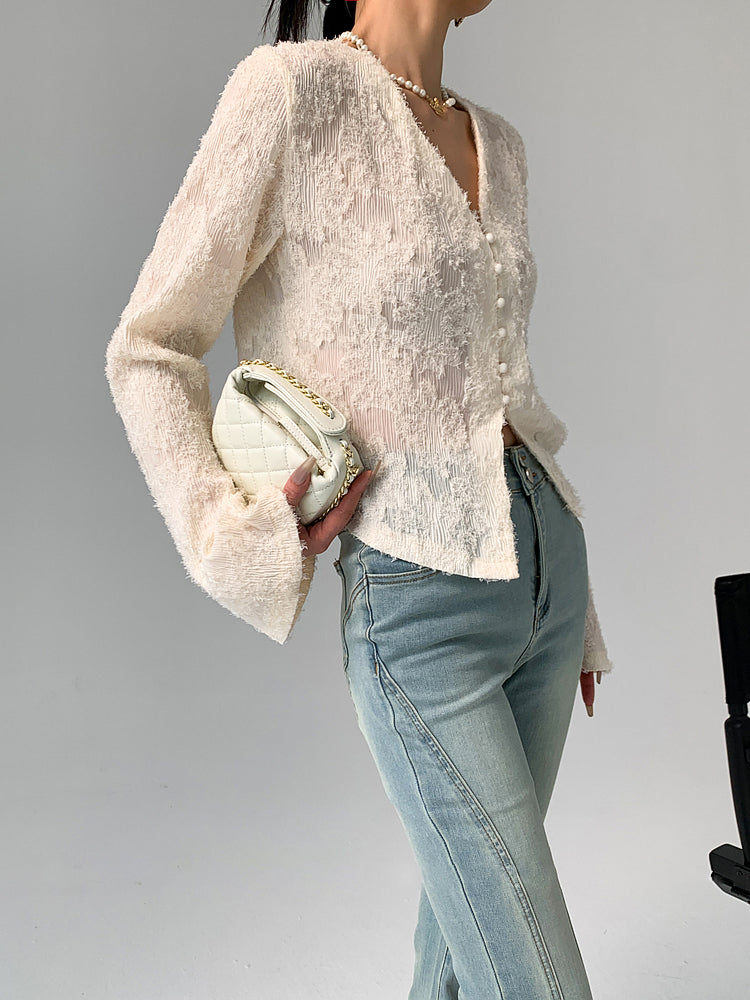 V-Neck Ruffle Graceful Long Sleeve Blouse