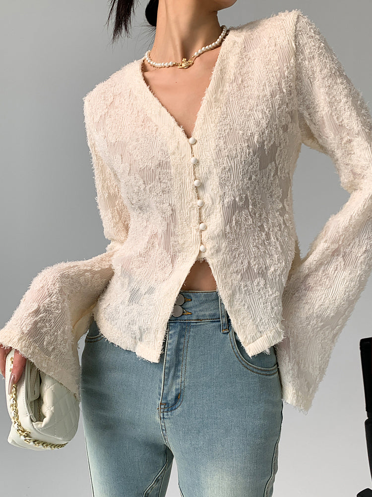 V Neck Ruffle Graceful Long Sleeve Blouse Apricot / XS Blouses