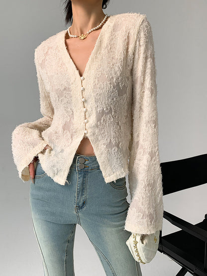 V-Neck Ruffle Graceful Long Sleeve Blouse