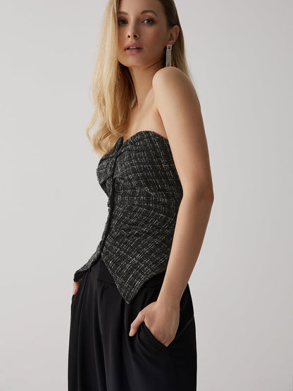 Tweed Button Graceful Ruched Tube Top