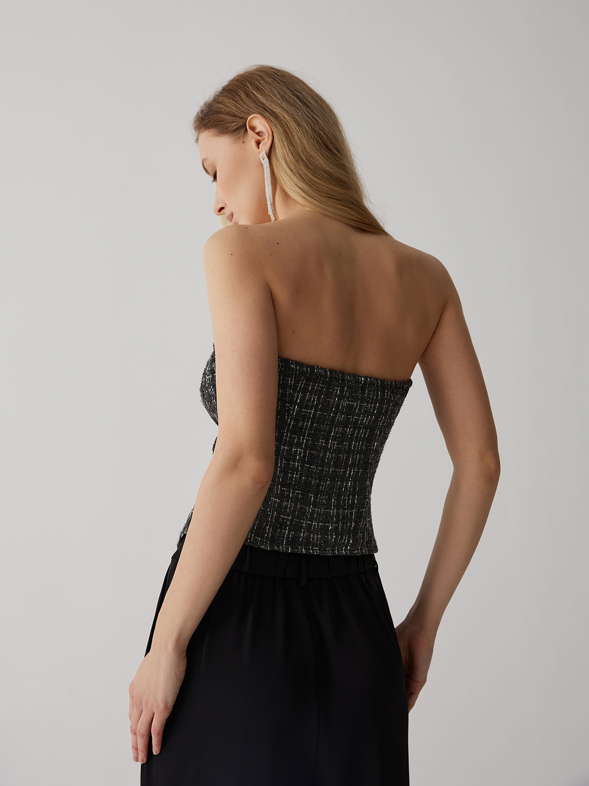 Tweed Button Graceful Ruched Tube Top