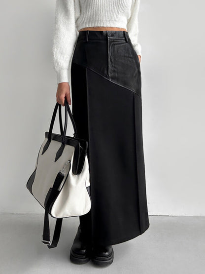 Patchwork Leather High Trendy Waist Maxi Skirt