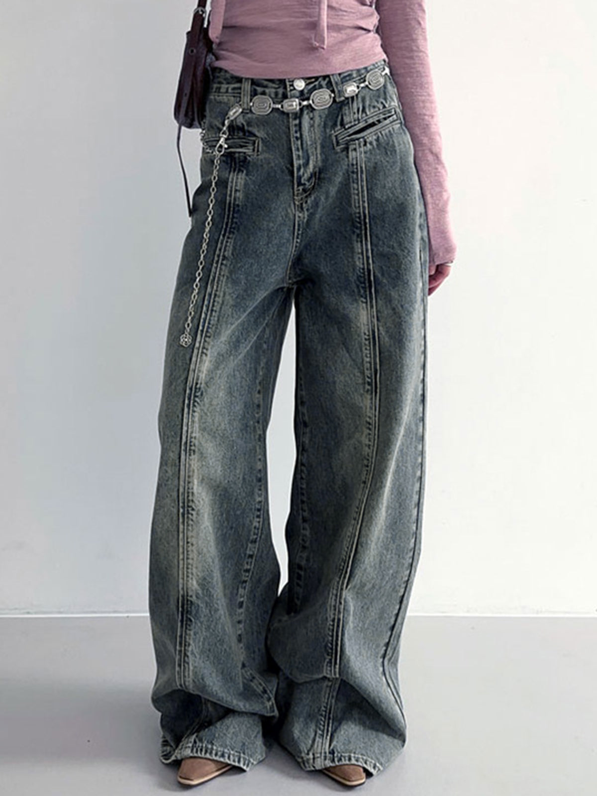 Center Stripe Wide Trendy Leg Jeans Without Belt