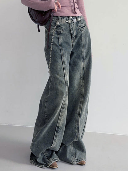 Center Stripe Wide Trendy Leg Jeans Without Belt