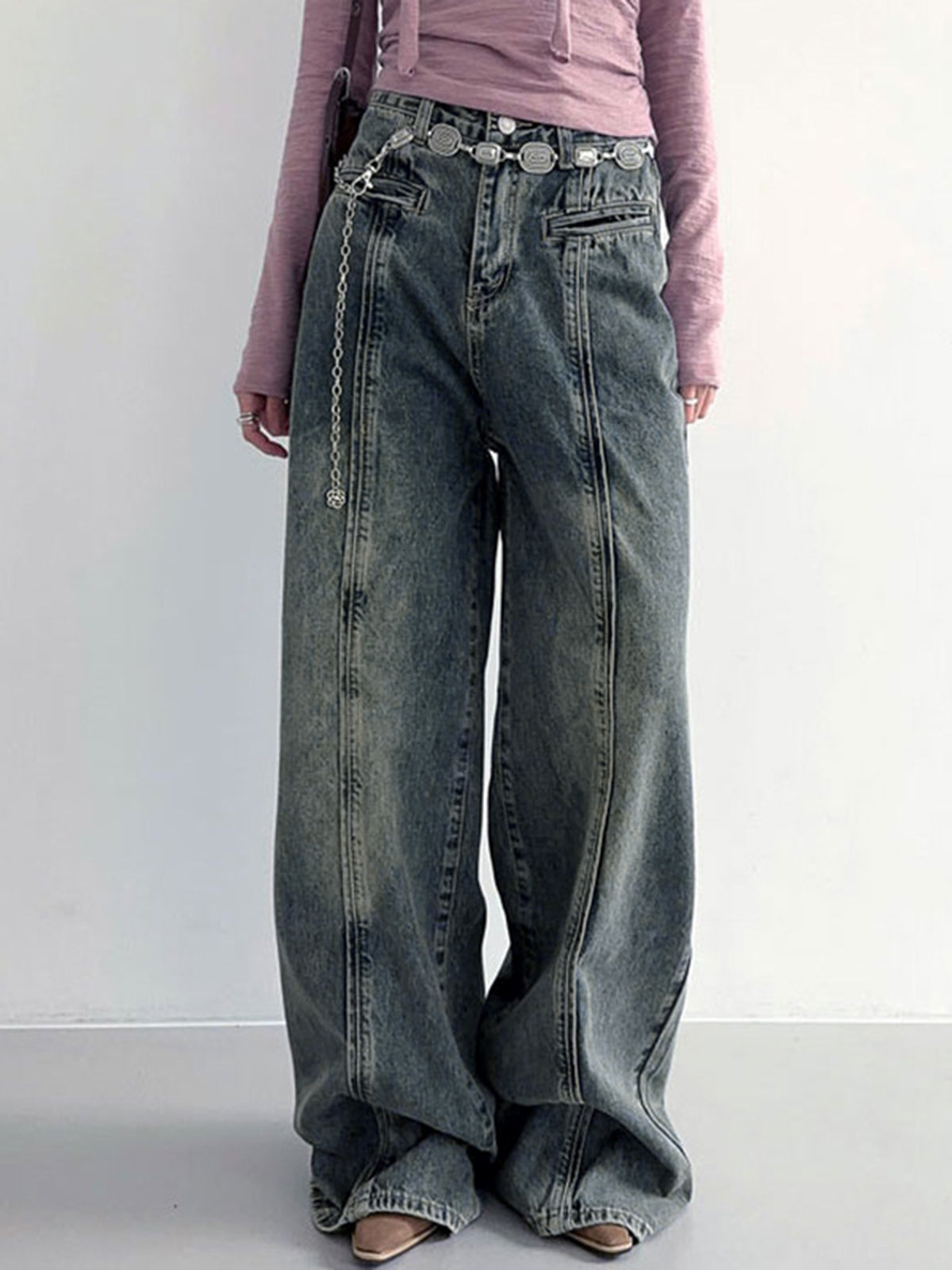 Center Stripe Wide Trendy Leg Jeans Without Belt Blue / XS Jeans Main image