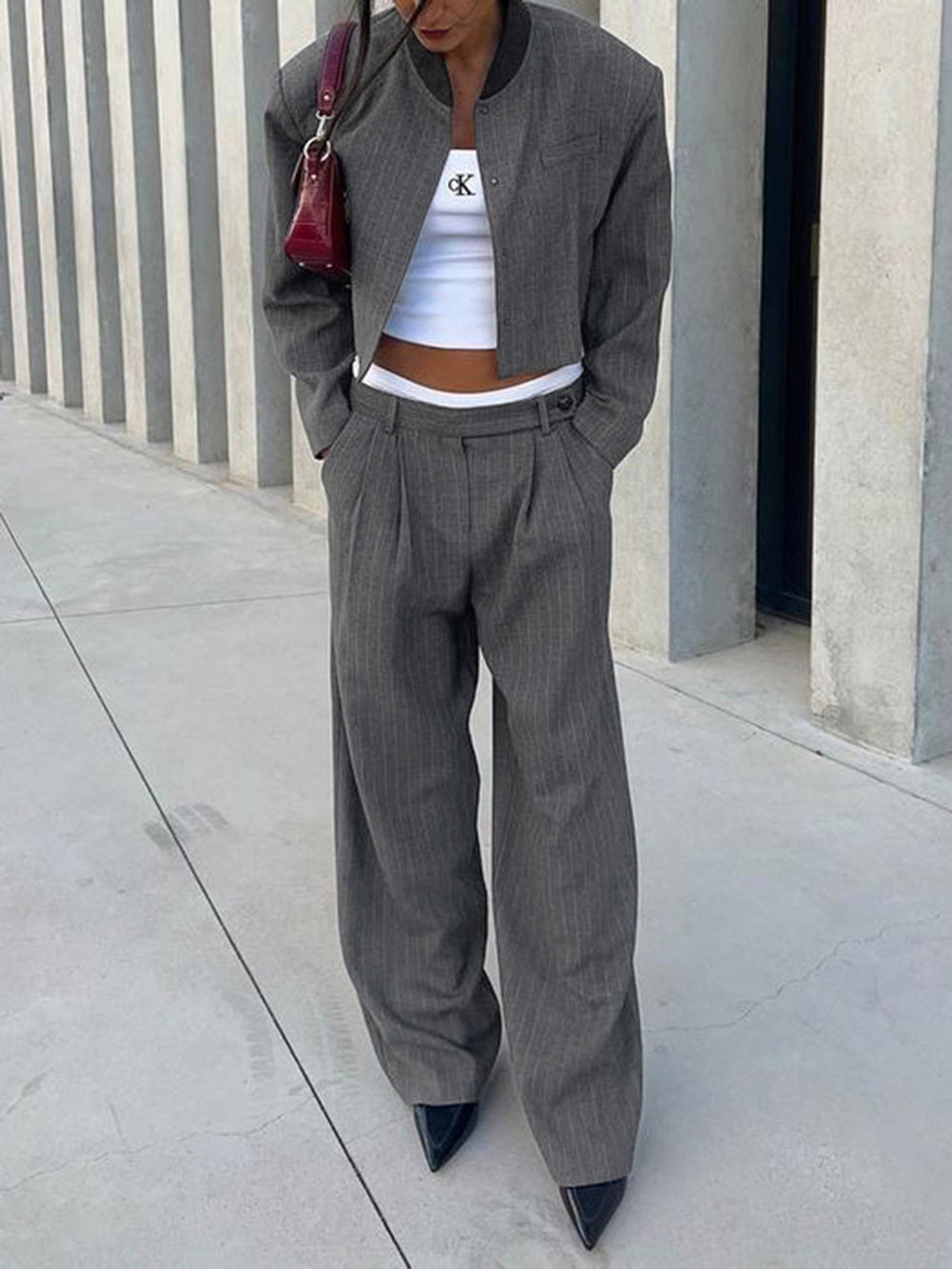 Tailored Pinstripe Graceful Wide Leg Pants Grey / XS Pants
