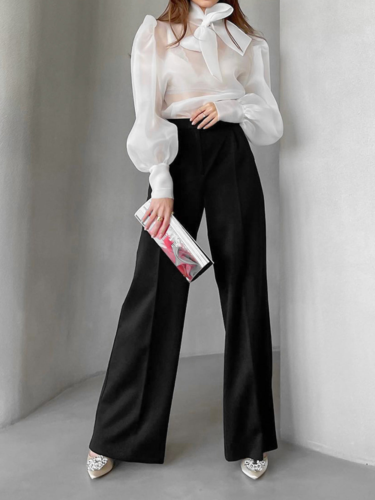 Mesh Puff Graceful Sleeve Knot Front Shirt White / S Shirts Main image