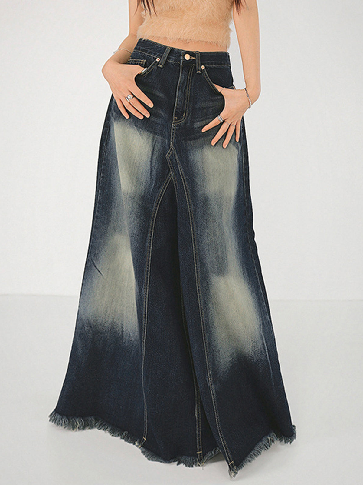 Tassels Hem Graceful Long Denim Skirt