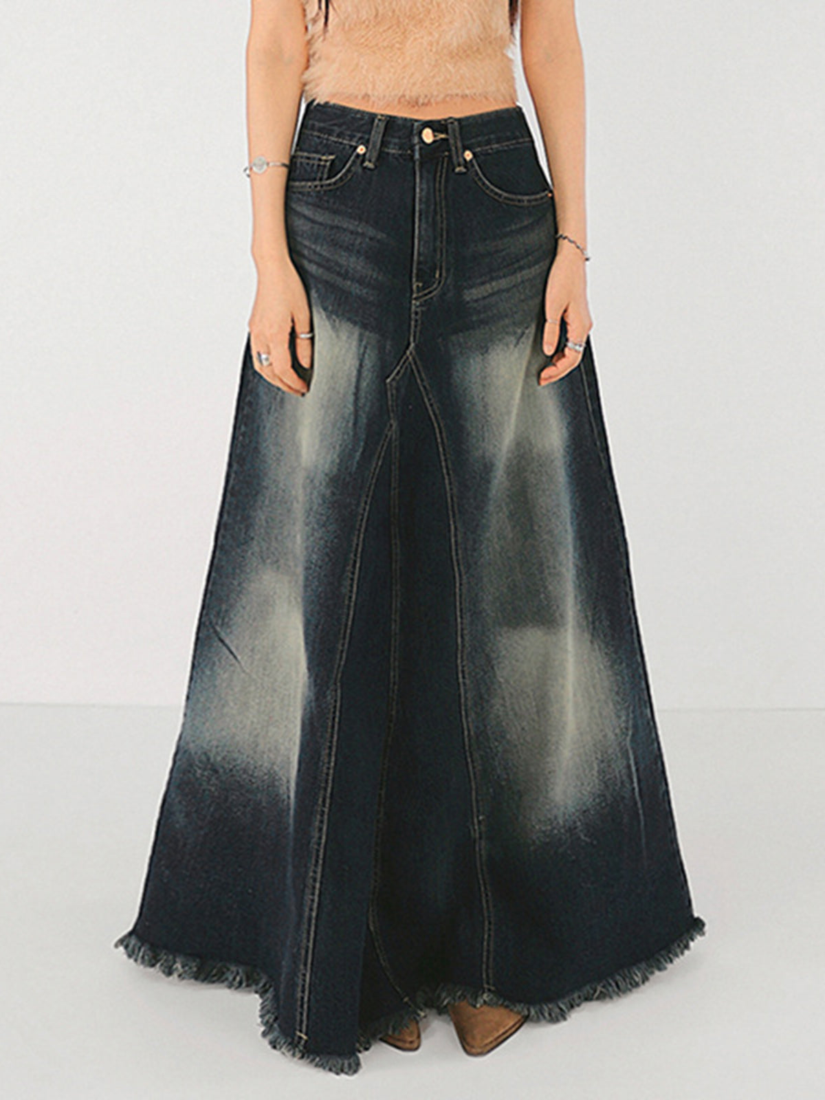 Tassels Hem Graceful Long Denim Skirt Blue / XS Denim Skirts Main image