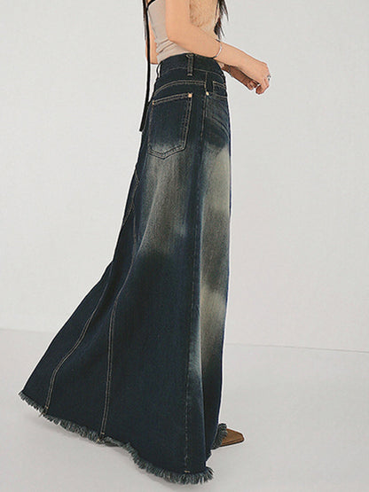 Tassels Hem Graceful Long Denim Skirt