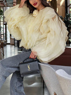 Chiffon Ruffled Graceful Crew Neck Blouse Blouses