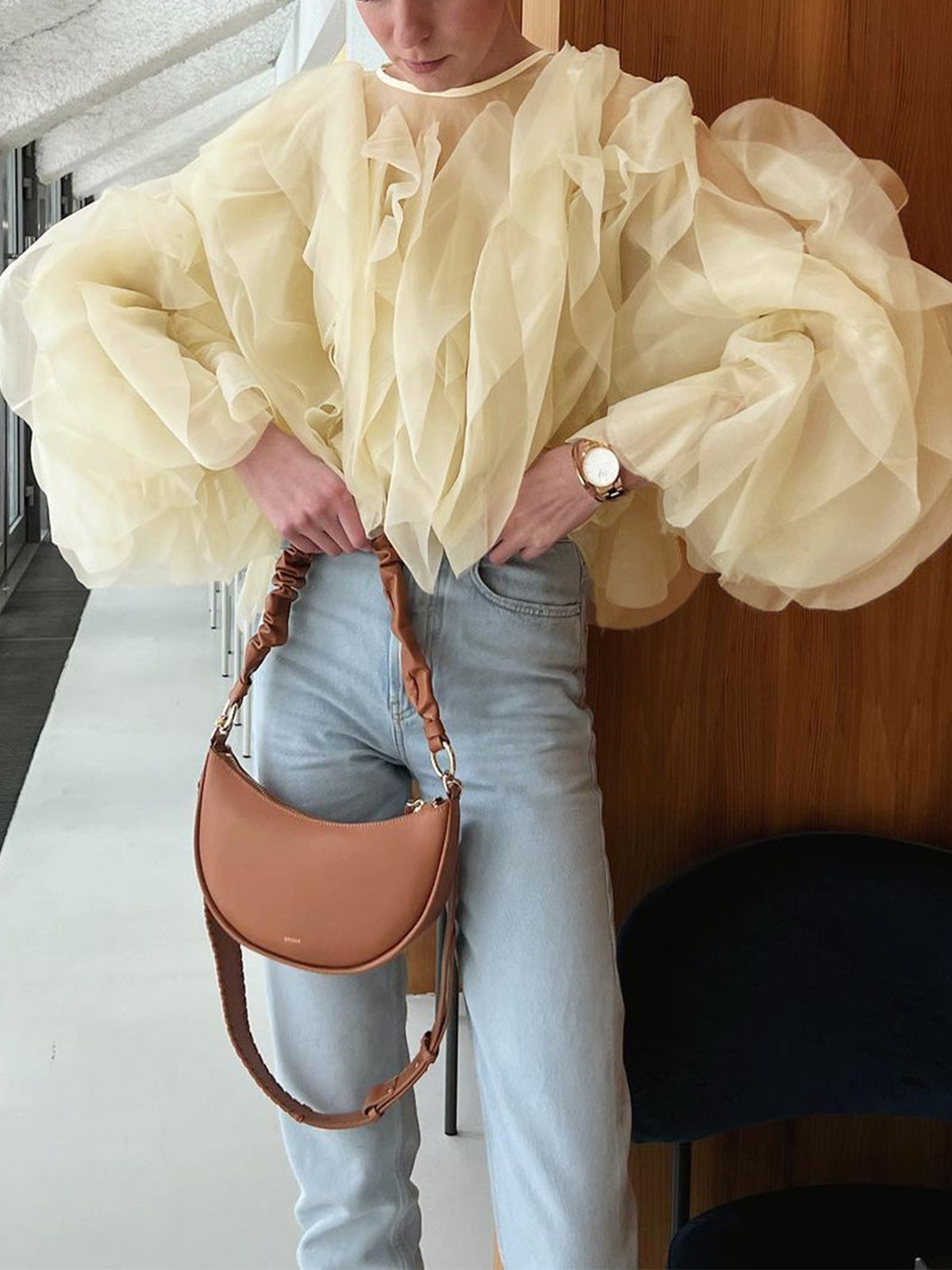 Chiffon Ruffled Graceful Crew Neck Blouse Secondary image