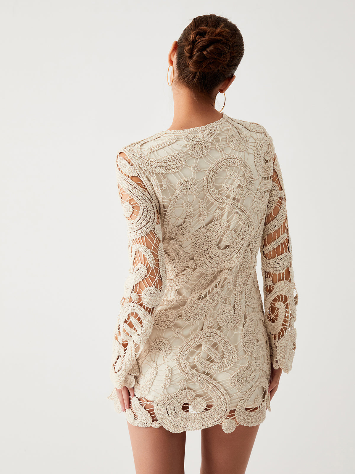 Crochet Paisley Long Trendy Sleeve Short Dress Sweaters L