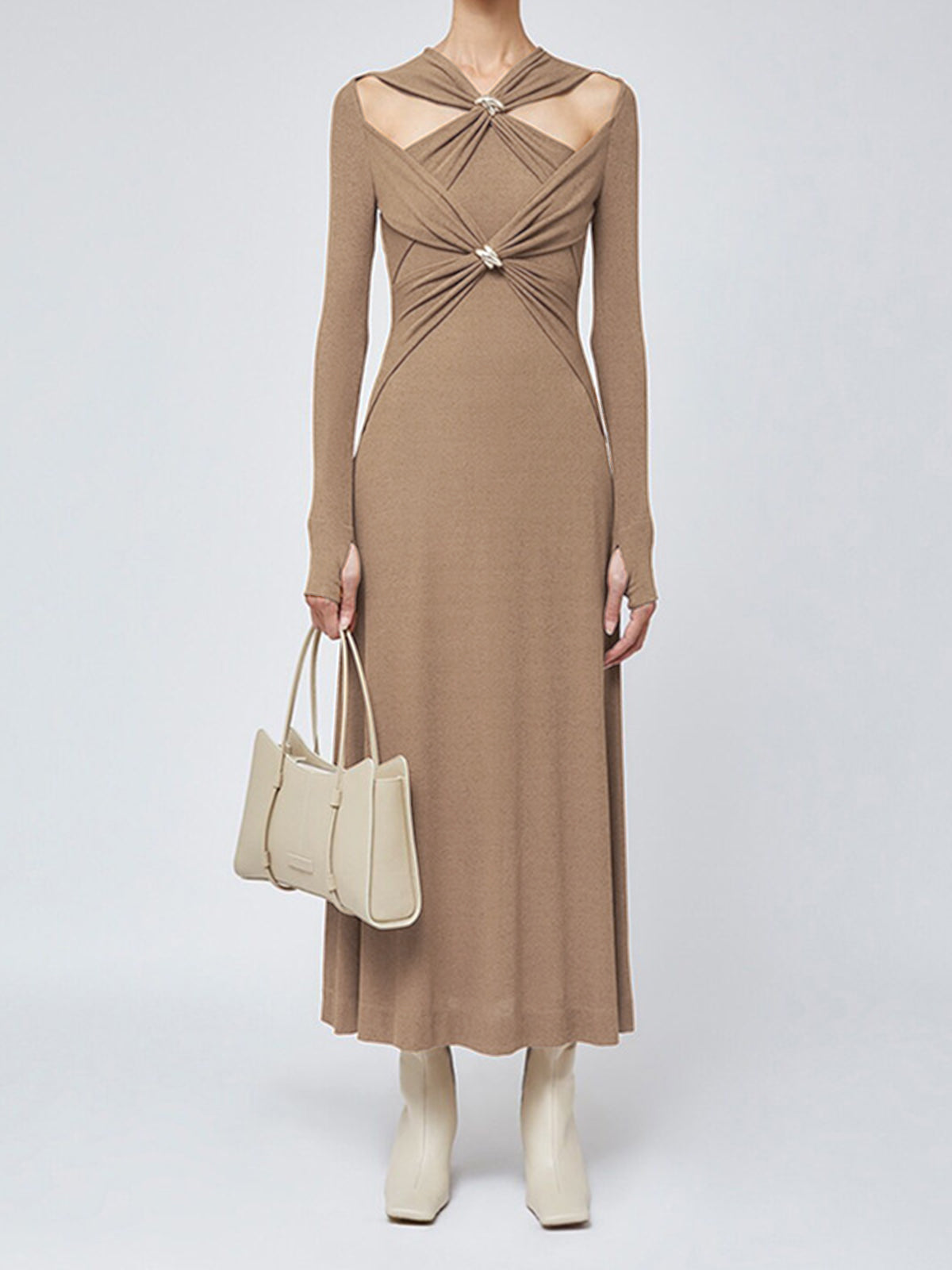Criss Cross Cut Trendy Out Long Dress Brown / S Dresses Main image