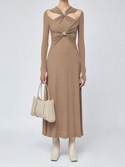 Criss Cross Cut Trendy Out Long Dress Brown / S Dresses