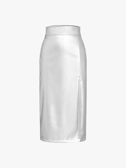 Metallic Silver Graceful Slit Midi Skirt