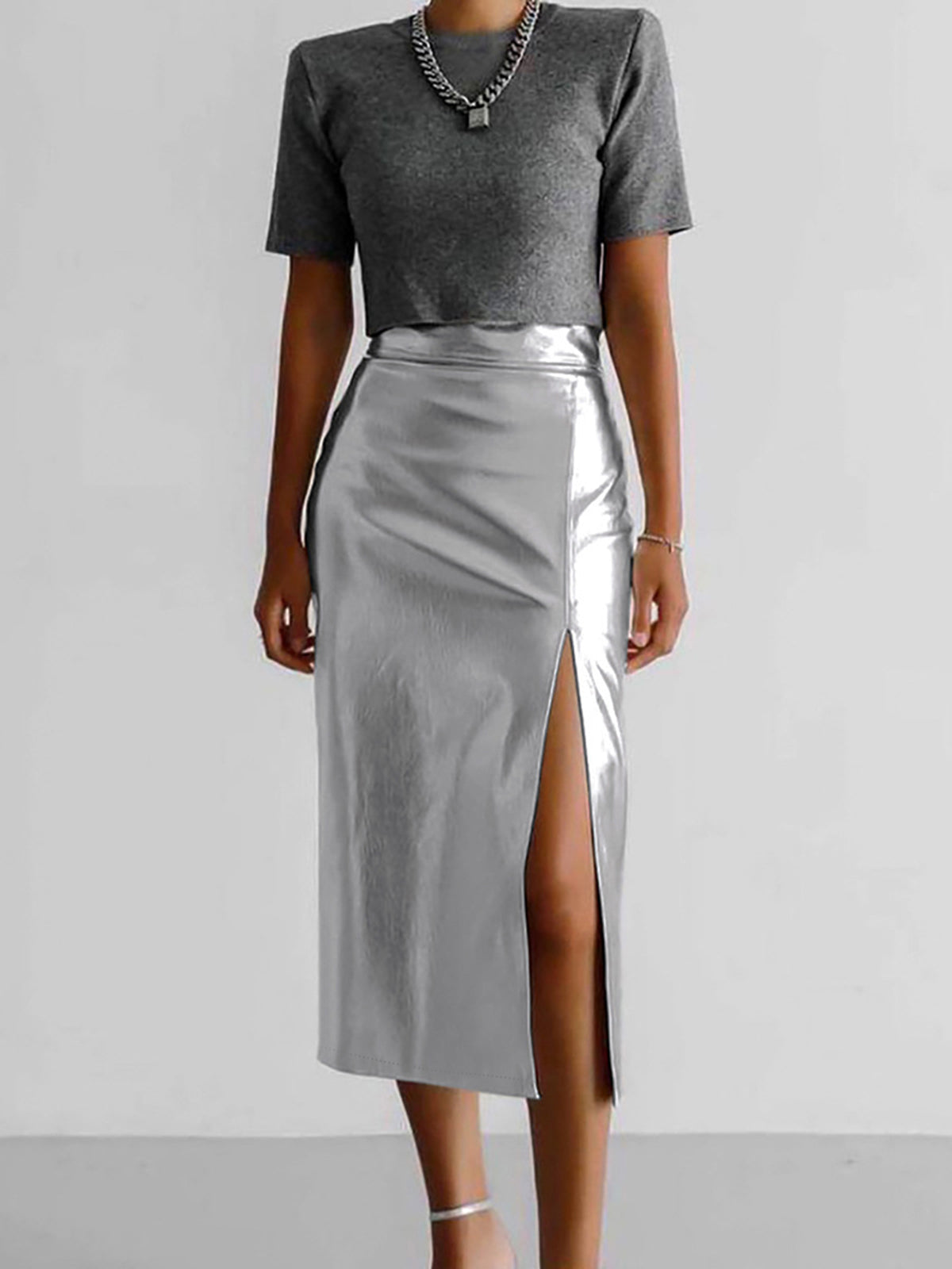 Metallic Silver Graceful Slit Midi Skirt